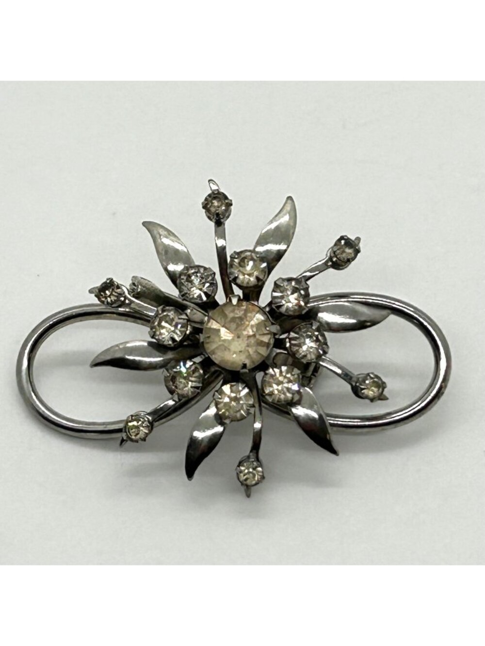 Vintage Clear Rhinestone Brooch Infinity Starburst Floral Pin Silver-tone MCM